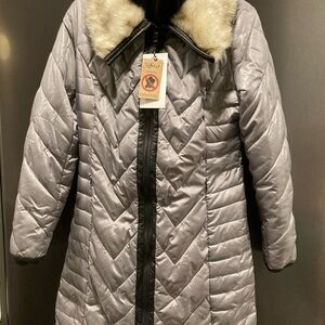 NWT Orig $154 Quilted Women's Olive Puffer Coat Faux Fur Collar Loose Fit S/M